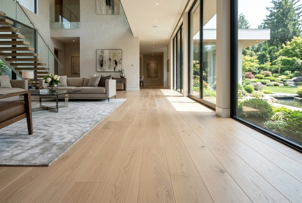 Newly installed white oak hardwood flooring