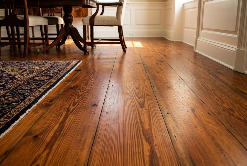 Restored heart-pine hardwood flooring
